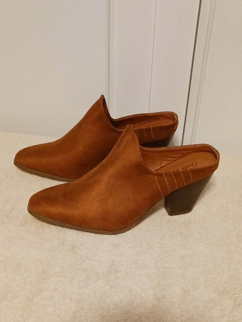 Charlie Paige Tan Suede Slip-On Mules with Block Heel